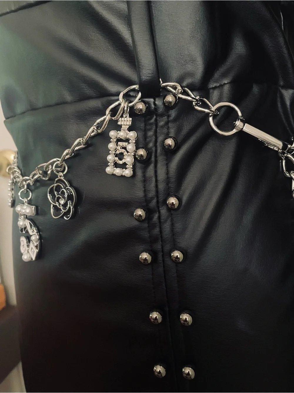 Black Crystal Charm Chain Belt for Women